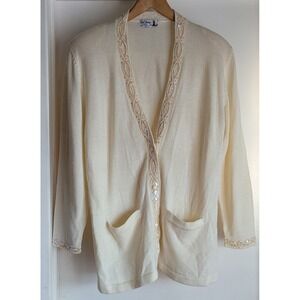 Vintage Sail Away Women's Embellished Cardigan‎ Sweater XL Ivory Wool Blend